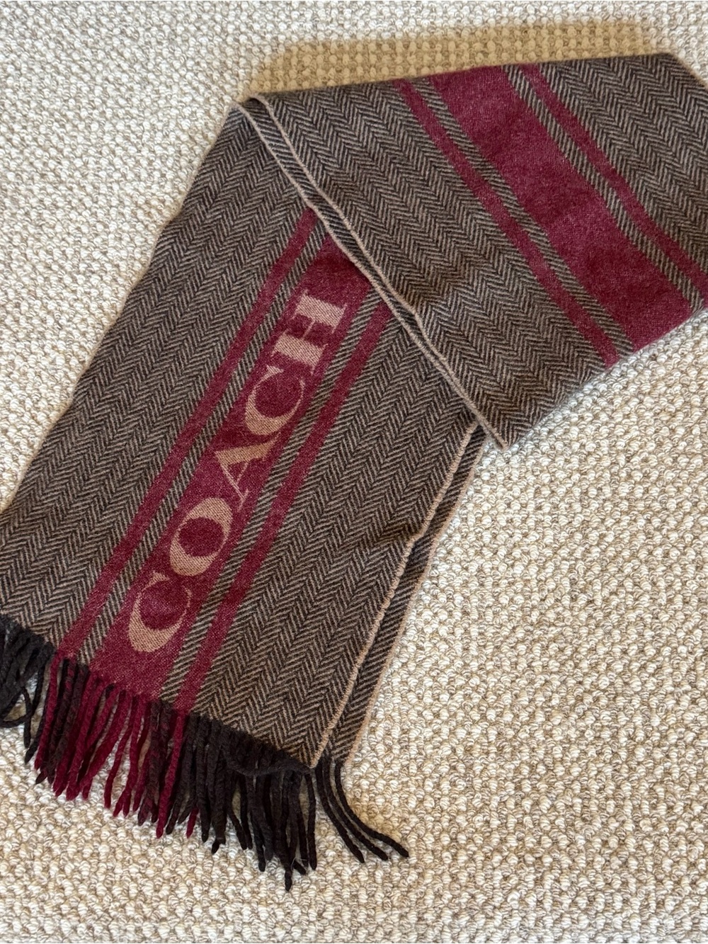 NWOT Coach Wool Cashmere Logo Scarf Muffler Herringbone Maroon Brown 76053